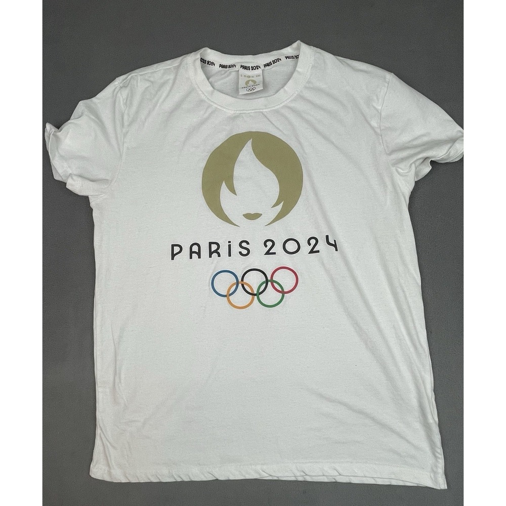 Paris 2024 Olympics Shirt Men Large White Lightweight Crew Neck Games Torch Logo